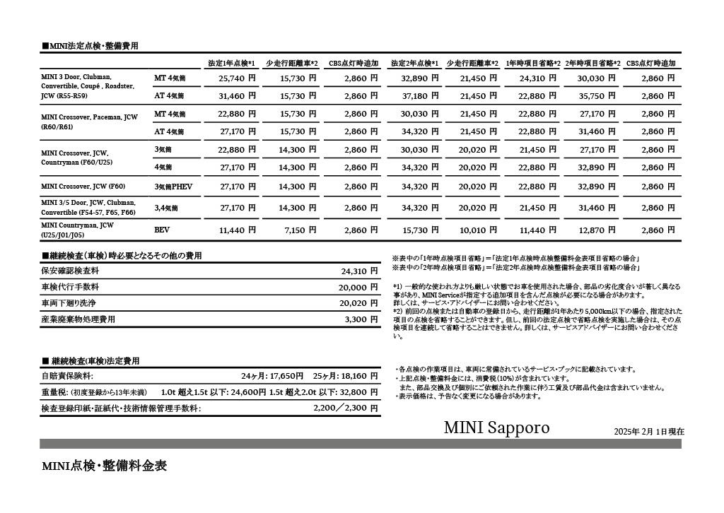 点検整備料金表 | MINI 札幌 / MINI NEXT 白石
